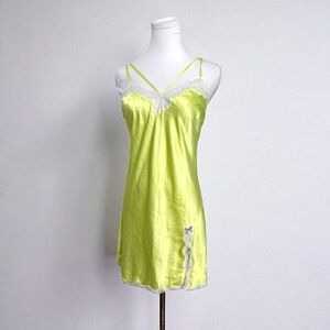 Neon Yellow Satin Slip Dress Lace Trim Y2K Victoria’s Secret Style S